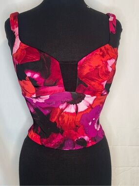 GUESS Floral Corset Crop Top XS Pink Red Bustier Mesh Insert
